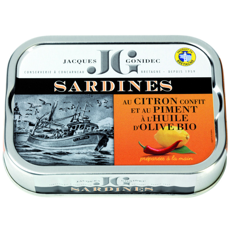 Sardines au citron confit et au piment, à l'huile d'olive vierge extra BIO - 115g Sardines au citron confit et au piment, à l'huile d'olive vierge extra BIO - 115g